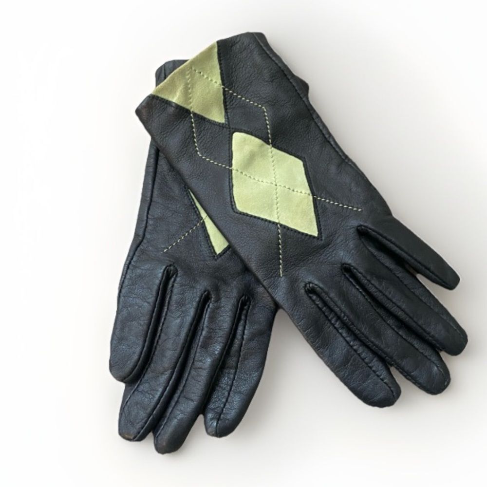 Altare Black Leather Gloves Womens S Argyle Green Contrast Lined Winter Driving